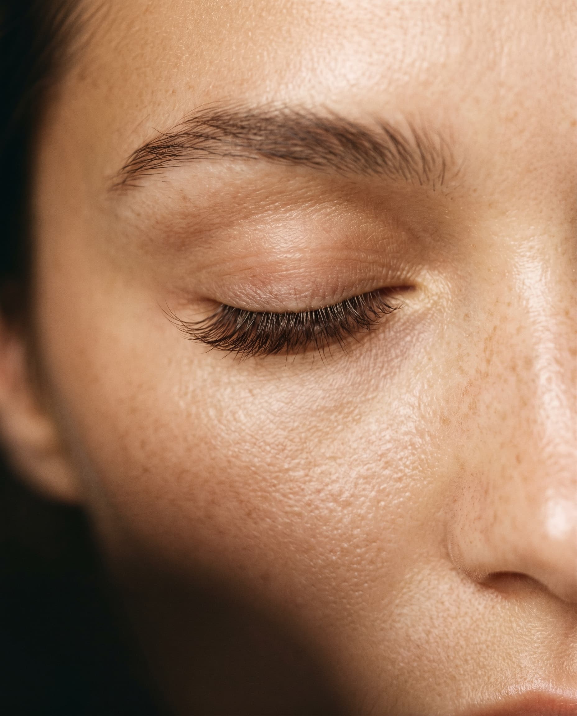 Editorial macro close-up of a closed eye with soft custom lash extensions.