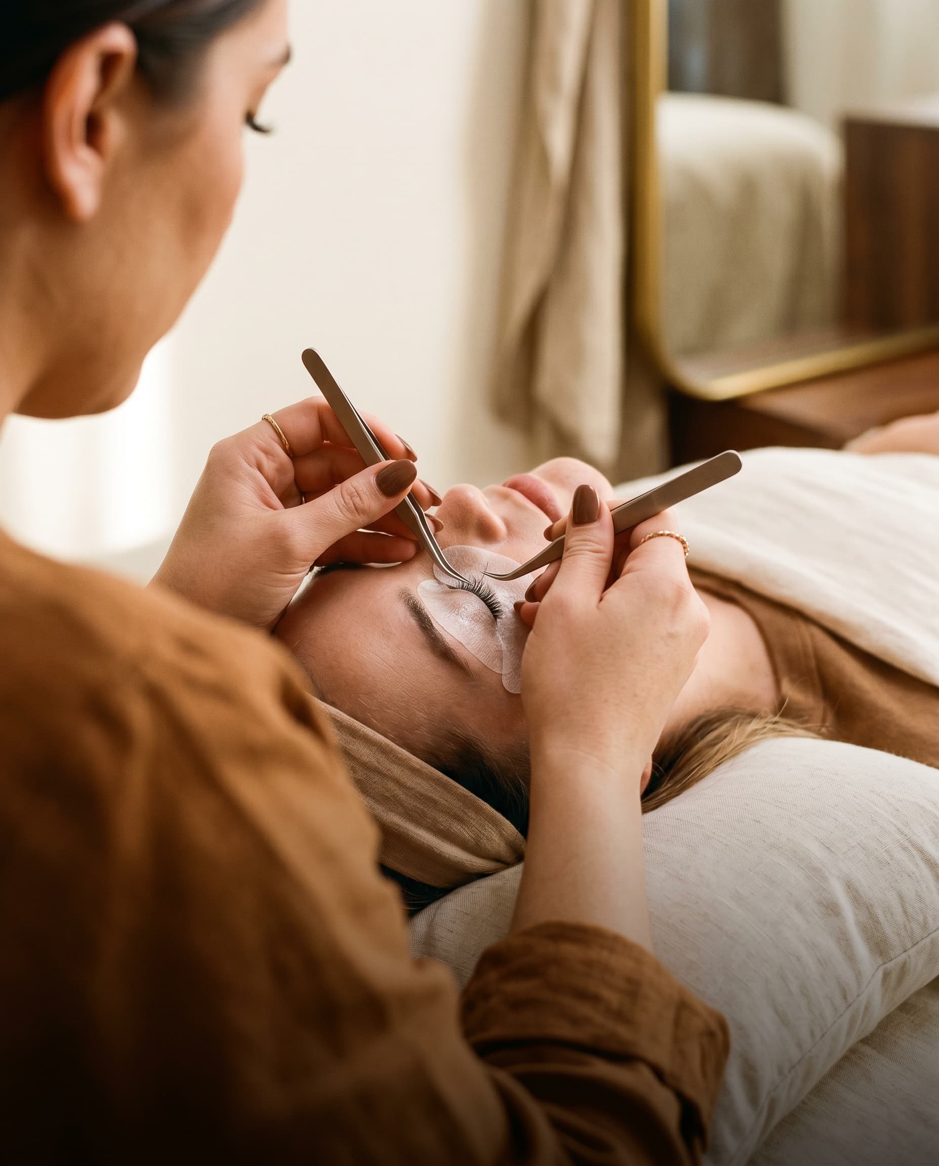 Lash artist's hands placing a single extension with fine tweezers.